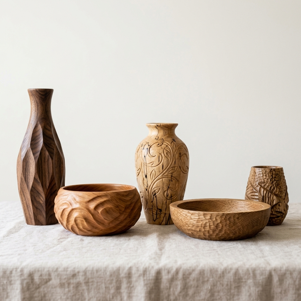 Hand-carved wooden decorative vases
